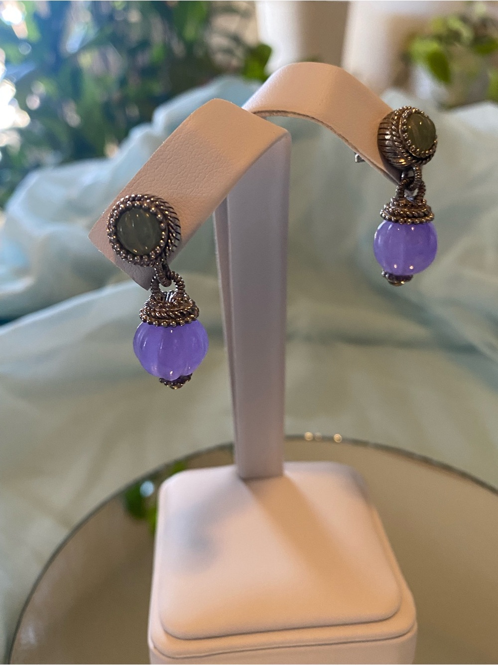JUDITH RIPKA STERLING SILVER LAVENDER & GREEN CABOCHON DROP EARRINGS